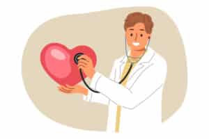 Man doctor with stethoscope in hands holds large heart, giving lesson diagnosis cardio disease